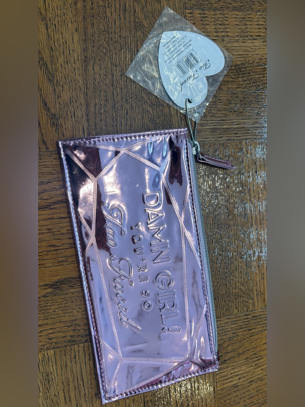 Too Faced Metallic Pink Cosmetic Pouch with Embossed Slogan